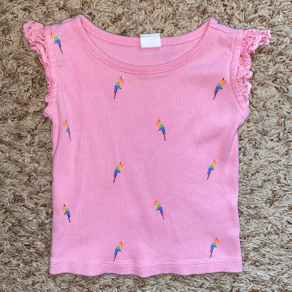 12-18M girls pink ribbed tank top with colorful parrot pattern